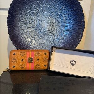 MCM Cognac Leather Wallet w/ Stripe Detail